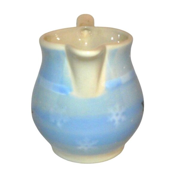Vintage Ceramic Snowman Pitcher Hand-Painted Winter Scene Cream & Blue 6" Tall - Picture 2 of 4